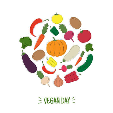 Hand drawn set of colored vegetables on white background. Vegan day card. Vector illustration.のイラスト素材