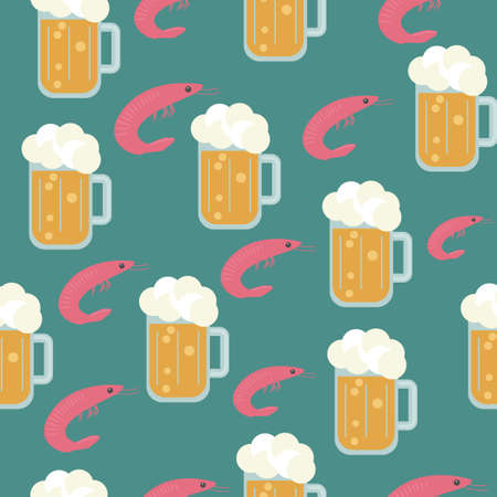 Beer and snacks. Vector seamless pattern. Beer festival concept. Background with beer in a mug and shrimp.のイラスト素材