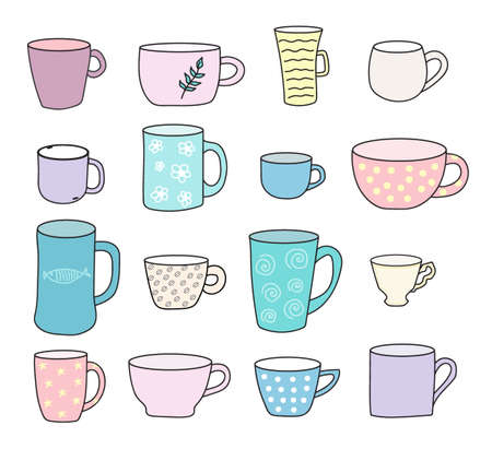 Vector set of mugs in the hand drown style. Illustration on white background in pastel colors.のイラスト素材