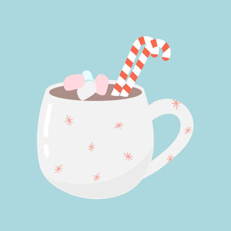 Cute mug with hot chocolate or cocoa on a blue background. The concept of comfort, New year and Christmas. Vector illustration.のイラスト素材