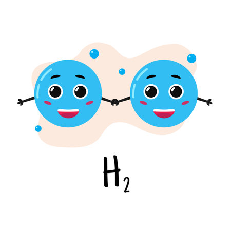 Structure of hydrogen molecule. Cartoon character. Study of chemistry. Vector illustration.のイラスト素材