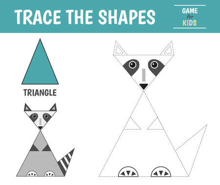 Learn geometric shapes - Triangle. Preschool worksheet for practicing motor skills. Raccoon of geometric shapes. Tracing dashed lines. Vector illustrationのイラスト素材