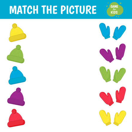 Children's educational game. Connect the colors. Cute hats and mittens. Vector illustration.のイラスト素材