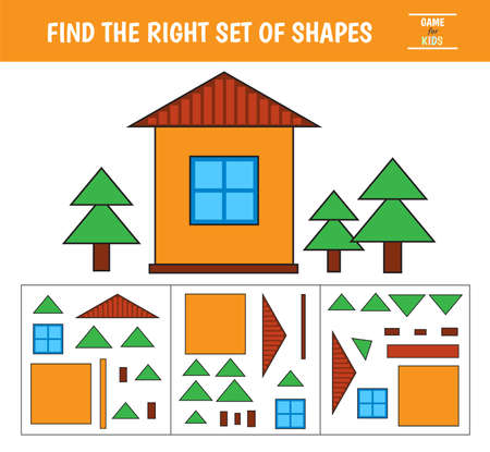 Educational game for kids. Geometrical figure house. Find the correct block with geometric shapes. Preschool worksheet activity. Vector illustrationのイラスト素材