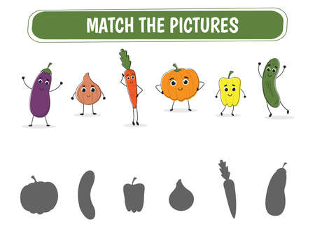 Educational game find the correct shadow. Mindfulness game for kids with vegetables. Vector illustrationのイラスト素材