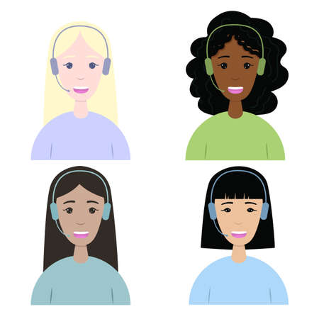 Girls from the support service of different nationalities. Women in a call center with headphones and a microphone. Avatar, icon for business design.のイラスト素材