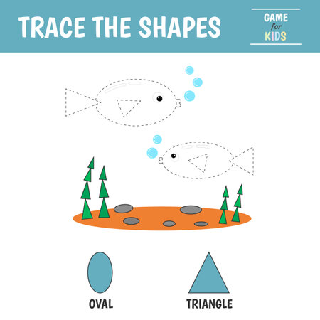 Learn geometric shapes - triangle and oval. Preschool worksheet for practicing motor skills. Fish of geometric shapes. Tracing dashed lines. Vector illustrationのイラスト素材