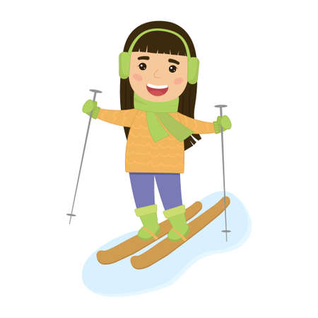 A cute girl is skiing. Winter sports. Vector illustration on a white background.のイラスト素材