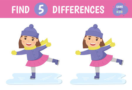 Find the differences. A girl skates on ice in winter. Children's game of mindfulness. Vector illustration.のイラスト素材