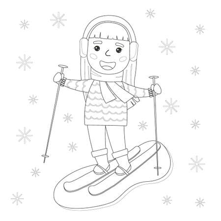 A girl is skiing. Coloring book for kids. Vector illustration.のイラスト素材