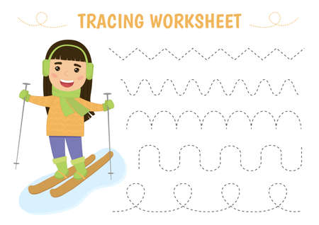 Tracing lines and handwriting practice sheet for children. A cute girl is skiing in winter. Writing training printable worksheet with with wavy lines on white background. Vector illustration.のイラスト素材