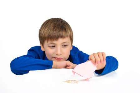 Origami: a schoolboy boy in a blue T-shirt sits at the table and plays with a paper bird, wants to feed herの写真素材