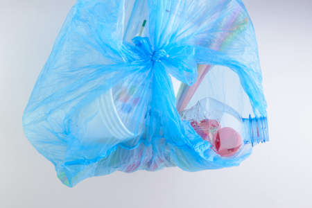 blue plastic waste bagの写真素材