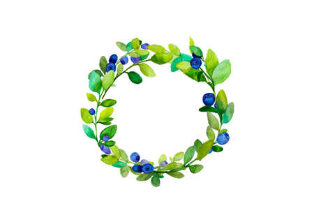 circular frame of blueberry branches with green sprigs and blue and violet berries on a white background, isolated on a white background illustration with watercolor paintsの写真素材