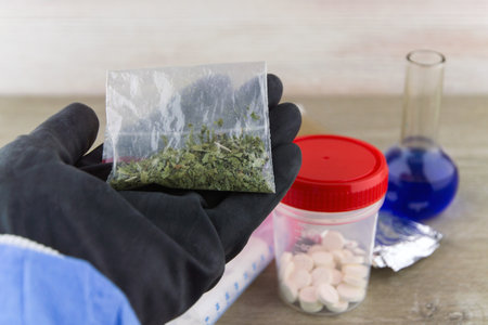 the laboratory assistant of the customs laboratory holds in the palm of his hand a package with plant contents for further testing for narcotic substances, against the background of samples and flasks with an indicatorの写真素材