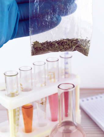 deadly synthetic drug spice in a plastic bag holds a man in gloves, against the backdrop of vials...