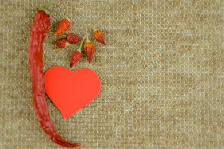 simplicity love: red heart in self-sewed a linen fabric Golden brown color of natural linen, decorated with big and small chilli peppersの写真素材