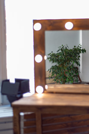 reflection in a mirror with light bulbs of a green houseplantの写真素材