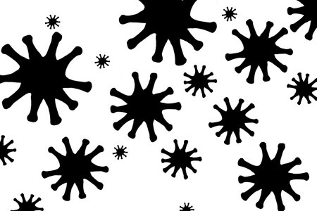 Illustration of black silhouettes of coronavirus in different sizes on a white backgroundの写真素材