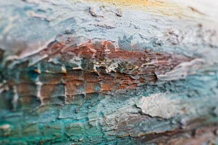abstract background of blue and brown paint on a wooden surface.の写真素材