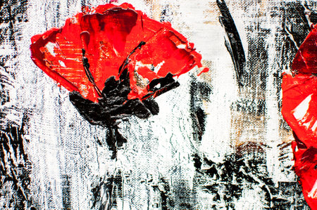 artistic black background with white and red paint spots in the form of flowersの写真素材