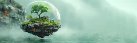 Floating island with a tree inside a protective bubble, environmental protection conceptの素材