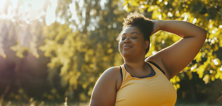 black woman stretching in golden light in a sunny park, body positive conceptの素材