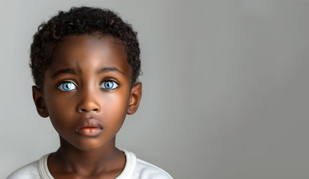 A close-up of a young boy with captivating blue eyes looking intently, he has curly dark hair and is wearing a white shirt, and there is a soft light illuminating the side of his face, highlighting his youthful expressions.の素材