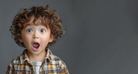 Surprised toddler with curly hair and open mouthの素材