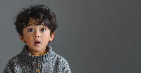 Surprised Korean young boy with dark curly hair on gray backgroundの素材
