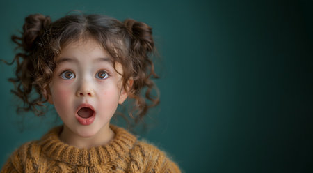 Amazed little Korean girl with curly hair and frecklesの素材