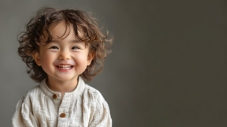 Joyful Korean child with wavy hair and a gleeful smileの素材
