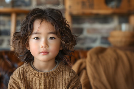 Serene Korean child with wavy hair and a subtle smileの素材