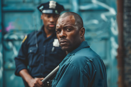 Stern looking man with a police officer in the backgroundの素材