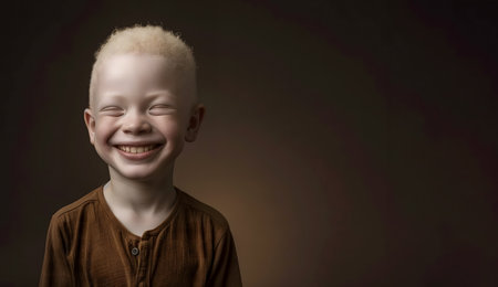 an albino boy with white short hair and a brown T-shirt laughs against the background of a dark wall, space for textの素材