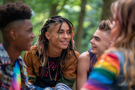 LGBTQ community, young women and men socializing in a parkの素材