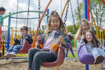 Children having fun swinging on a playgroundの素材