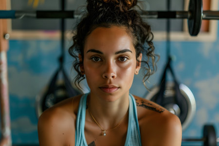 Girl with curly hair tied back at the nape in a gymの素材