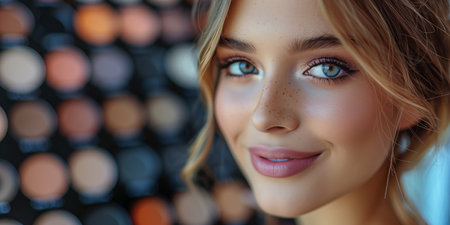 Smiling beautiful young woman in front of an eyeshadow palette backgroundの素材