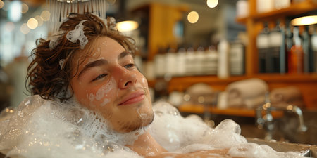 Young man with chestnut hair receiving spa treatments in a relaxing spa room settingの素材