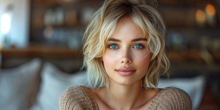 Portrait of a young blonde woman with blue eyes and short hair in a room, highlighting her natural beauty and serene expressionの素材