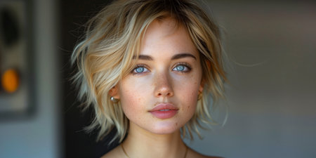 Portrait of a young woman with short hair indoors, showing her natural beauty in a simple settingの素材