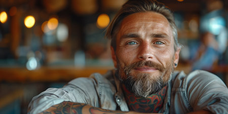 Smiling middle-aged man with tattoos and a beard leaning forward in a warm, softly lit indoor settingの素材