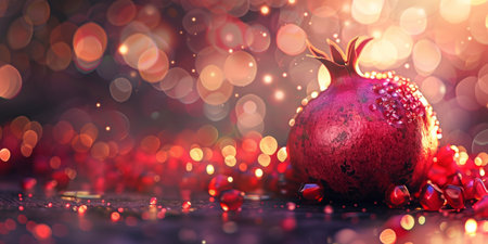Rosh Hashanah celebration, pomegranate in red highlights and blurred light reflectionsの素材