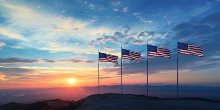 USA flags on a hill during sunset with a vibrant sky in the backgroundの素材
