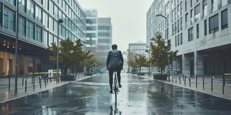 Man cycling through a modern urban street on a rainy day, wearing a suit and embracing a sustainable and active lifestyle amid contemporary architectureの素材