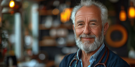 Senior male doctor with white hair and beard, smiling warmly, wearing a stethoscope and dark professional attire in a cozy and well-lit environmentの素材
