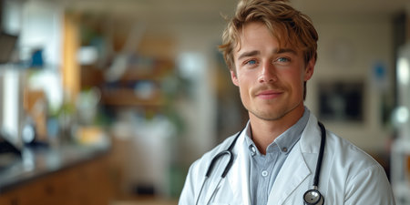 Young doctor with a confident smile wearing a white coat and stethoscope in a bright, modern medical settingの素材