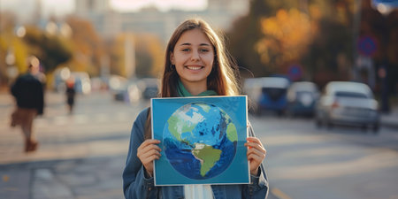 Young woman holding a drawing of Earth while smiling on a city street with autumn colors in the backgroundの素材