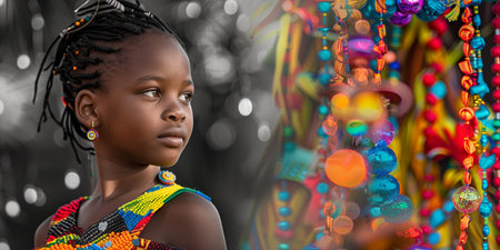 A young girl wearing colorful beaded attire looks thoughtfully into the distance, with vibrant traditional decorations and bright bokeh in the backgroundの素材